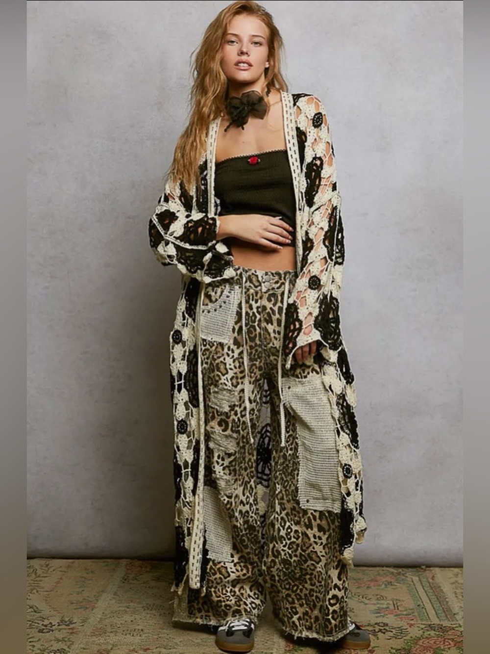 POL Black and White Long Crochet Kimono Cardigan